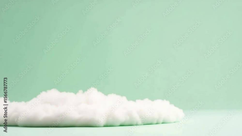Cotton Cloud on pastel green background: A fluffy cotton cloud rests gracefully against a serene pastel green backdrop, evoking a sense of lightness and serenity in a minimalist scene. 