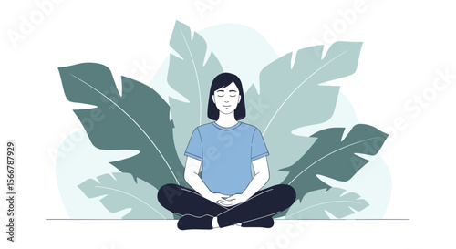 Calm woman sitting in meditation pose surrounded by lush green leaves achieving inner peace and tranquility through mindful practice