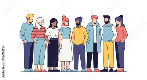 A diverse group of people standing together showing unity and collaboration in a modern illustration style