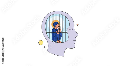 The concept of mental imprisonment visualized as a person trapped inside a head outline symbolizing restricted thinking