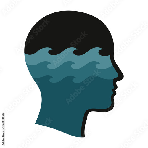 Human Head Silhouette Filled with Waves Flat Design Vector Illustration - Mental Health Stress Concept