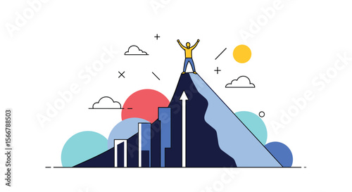 A determined champion stands victorious atop a tall mountain peak celebrating their hard earned success