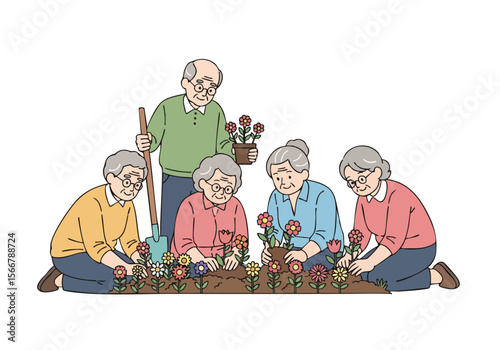Flat Handdrawn Illustration Group of Senior People Gardening Together in Garden