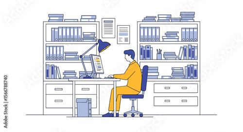 A man in yellow clothes works on his computer at a desk filled with papers and books in an organized office environment