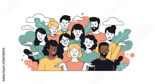 Diverse group of people standing together with open arms showing community and unity