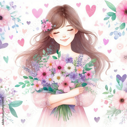 Romantic illustration of a smiling young woman hugging a bouquet of flowers with hearts for Valentine's Day cards, romantic gifts, and love-themed designs