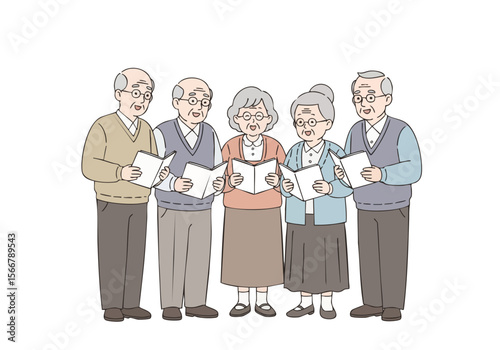 Handdrawn Diverse Group of Senior People Singing Together Illustration
