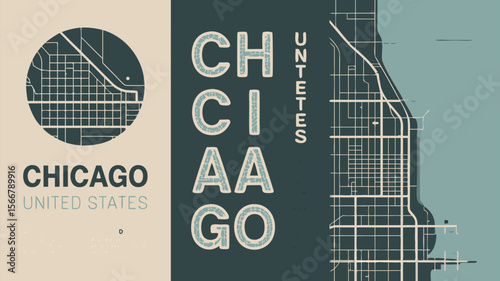 Chicago map vector shows stylized street layout of Chicago, Illinois for graphics, illustrations, presentations, and educational materials. Suitable for travel guides and urban planning visuals.