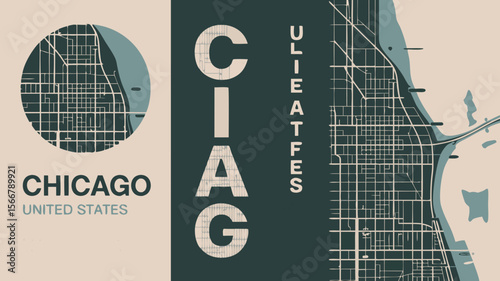Chicago map vector shows stylized street layout of Chicago, Illinois for graphics, illustrations, presentations, and educational materials. Suitable for travel guides and urban planning visuals.