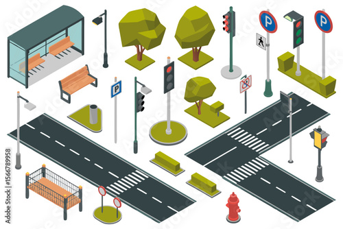 Chicago isometric map with city roads, benches, traffic signals, and trees, perfect for urban planning projects and architectural presentations.
