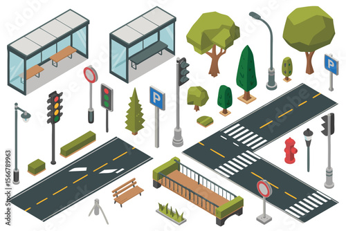 Chicago isometric map with city roads, benches, traffic signals, and trees, perfect for urban planning projects and architectural presentations.
