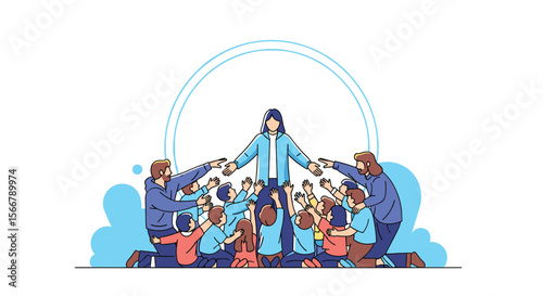 Illustration of a leader connecting with a diverse crowd empowering people through shared vision and collective effort fostering unity and support