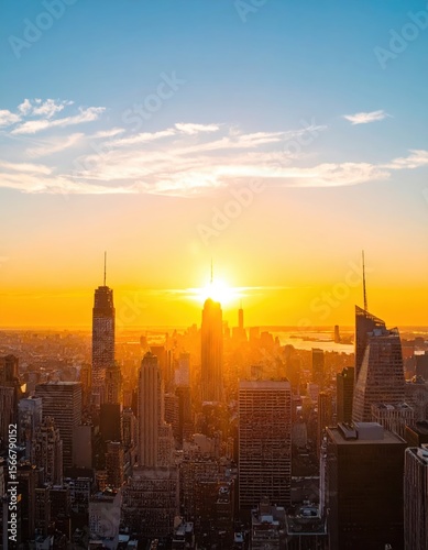 City skyline bathed in golden sunlight at dawn or dusk