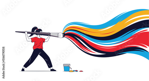 Creative artist generates vibrant abstract waves of color using a large brush and paint bucket for artistic expression
