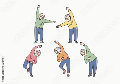 Flat Style Diverse Active Senior People Gymnastics Exercise Fitness Illustration