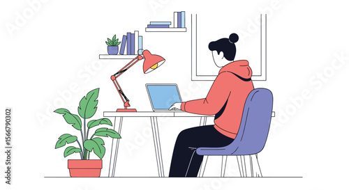 Young person working productively on a laptop at a desk with a lamp and plants in a well-lit room creating content