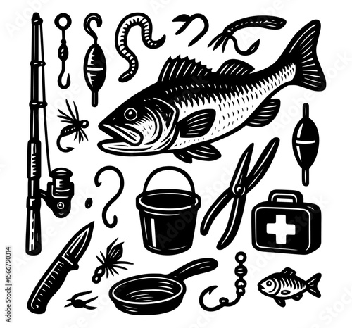 sticker fishing gear icon logo template set outdoor adventure hobby big bass fish