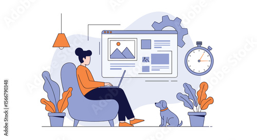 Remote work lifestyle enjoying digital content creation and online productivity with a loyal canine companion present