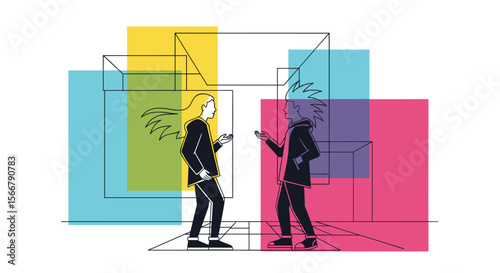 Two business professionals engaged in a lively discussion surrounded by colorful overlapping geometric shapes and minimalist architectural lines creating a vibrant and modern visual.