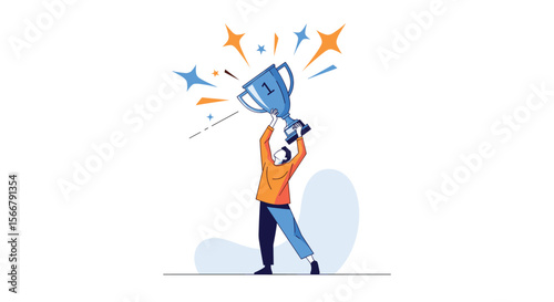 Celebrating a victorious achievement a person holds up a champion trophy with stars and sparkles symbolizing success and winning an award