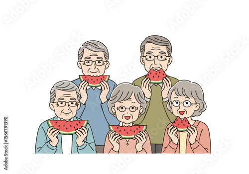 Flat Style Illustration of Group Senior People Eating Watermelon Fruit Slice