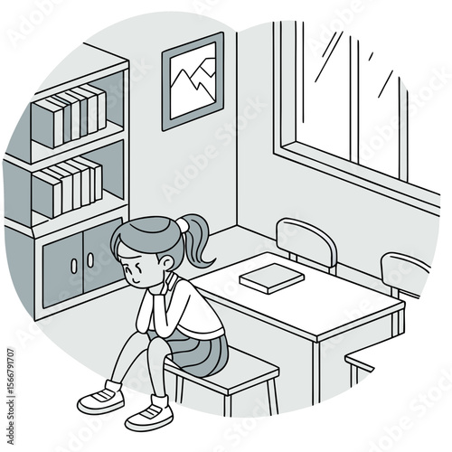 Frowning girl in school setting, great for youth mental health awareness, anti-bullying promotions, or educational campaigns.