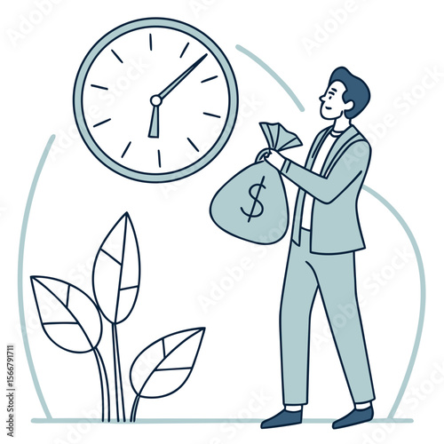 Man with money bag by clock, ideal for promoting bonus incentives, overtime pay, or compensation-related products.