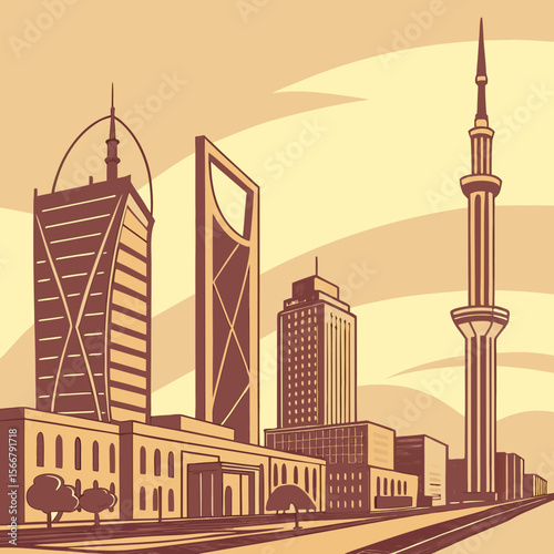 Iconic Riyadh cityscape at dusk with KAFD towers, ideal for urban development promotions, business hubs, or real estate ads.