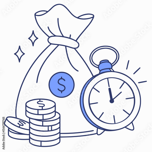 Money bag and clock concept promoting payroll incentives, bonus schemes, and overtime compensation programs.