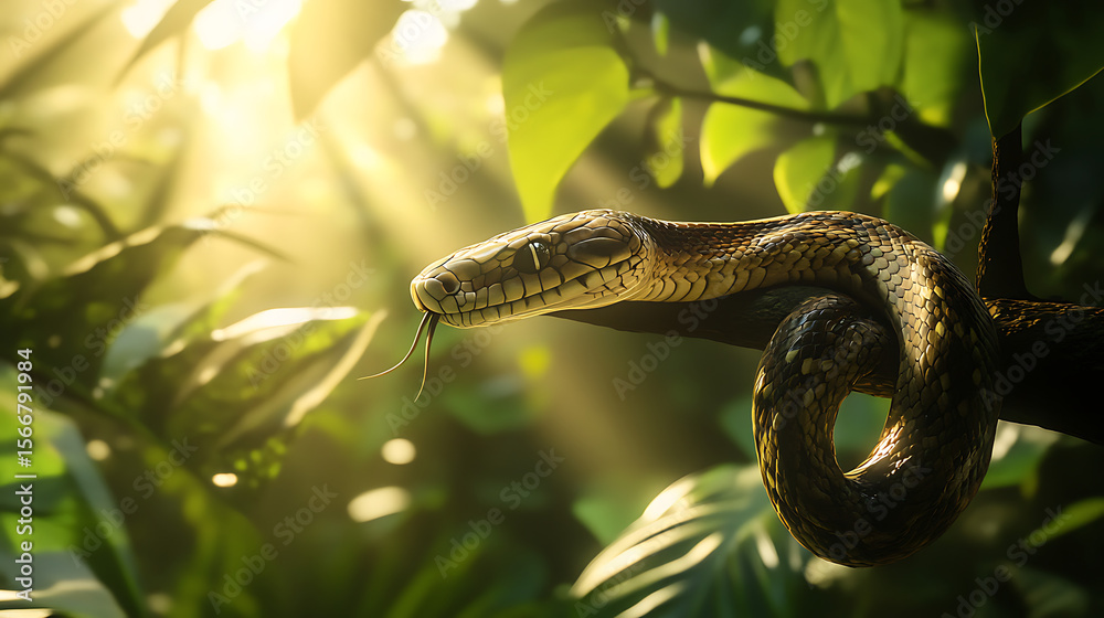 Naklejka premium Jungle snake peacefully laying on wood branch high resolution picture