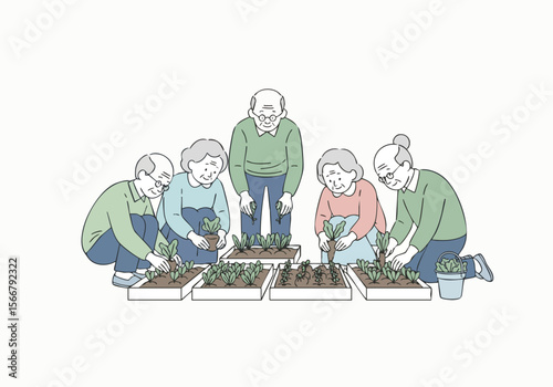 Line Art Group of Senior People Gardening Together Hobby Lifestyle