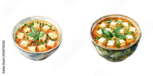miso soup japanese food watercolor vector illustration