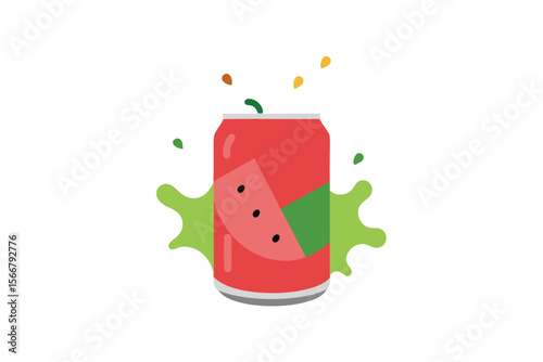 Watermelon Soda Can with Splash and Seeds Vector Illustration Design