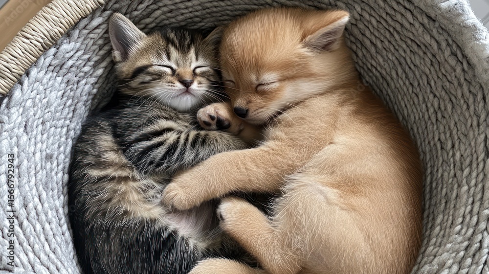 Fototapeta premium Two adorable kittens cuddling in a basket