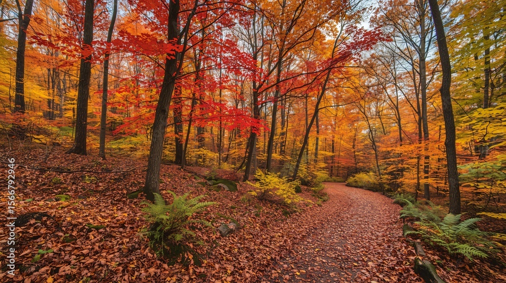 Obraz premium Autumn's Fiery Embrace: A winding path through a vibrant autumn forest, showcasing a breathtaking spectrum of red, orange, and yellow leaves under a soft, diffused light.