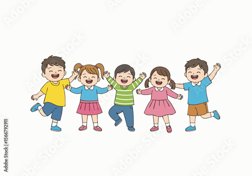 Cute Flat Style Children Playing Together Happily Illustration on White Background