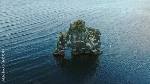 Aerial view of the basalt rock Hvítserkur in northern Iceland.