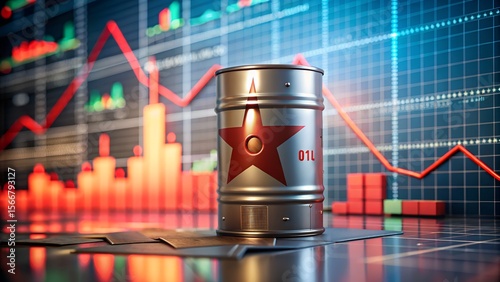 An oil barrel with a red star sits on a desk in front of a graph showing a decline in oil prices