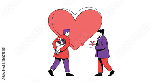 Giving and receiving a large heart and flowers with a small gift symbolising affection and thoughtful generosity between people