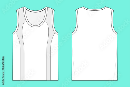 Sleeveless Active Tank Top flat sketch outline CAD mockup template.
