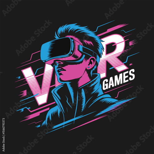 Futuristic Gamer Wearing VR Headset,  Neon Style Virtual Reality Illustration