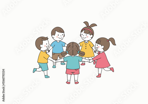 Cartoon Colorful Children Holding Hands Circle Shape Friendship Illustration