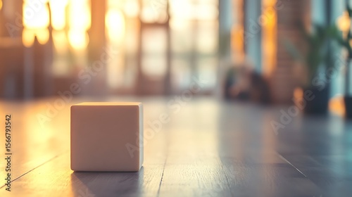 A stylish yoga block placed on the left, softly blurred fitness studio