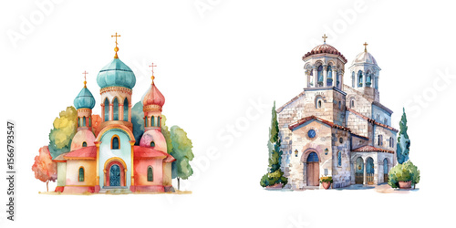 monastery watercolor vector illustration