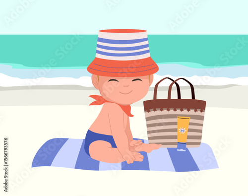 Cartoon vector of a cute baby boy with sun hat and sunscreen cream, sitting on a towel at the beach. Summer and vacation theme concept