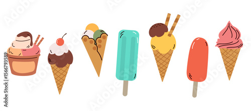 Fun cartoon set of different types of ice creams, perfect for summer designs, product labels and children’s themes