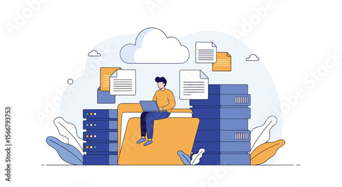Organizing digital files on cloud servers with a person using a laptop for efficient data management and workflow optimization