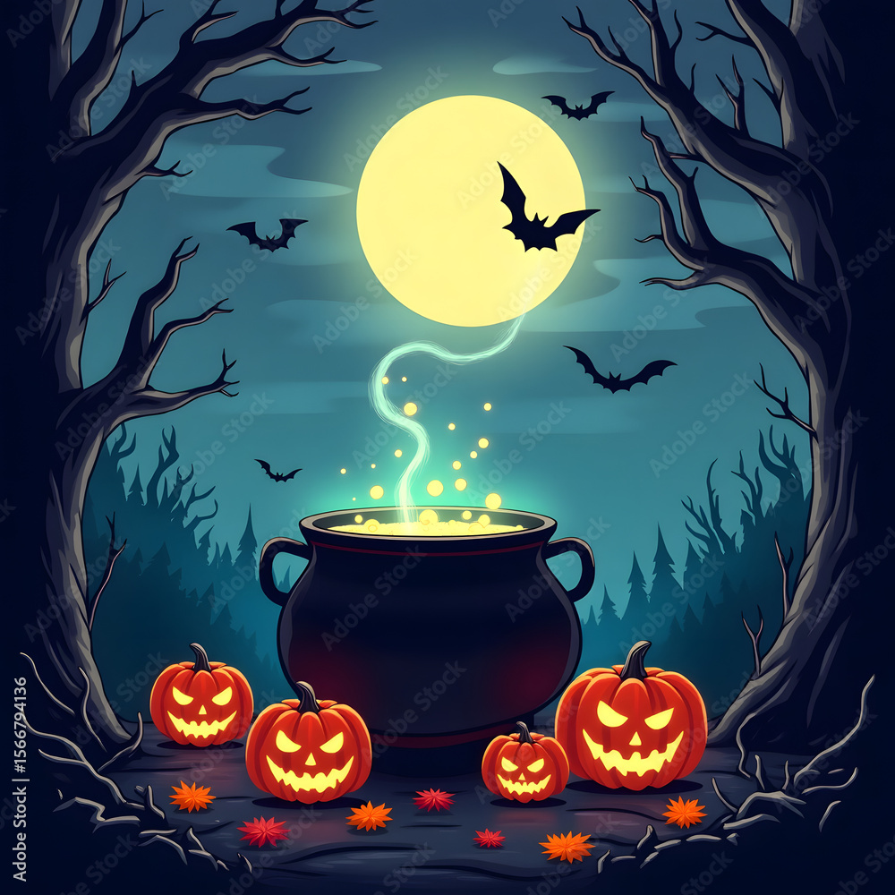 Fototapeta premium Halloween Scene with Glowing Cauldron and Jack O Lanterns