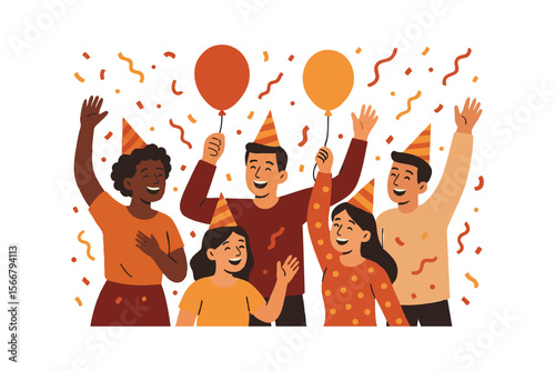 A joyful family gathers to celebrate a birthday. They wear colorful party hats, holding balloons while laughing and enjoying the festive atmosphere filled with confetti. Vector flat illustration