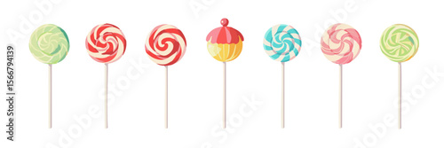 A vibrant collection of lollipops in various colors and designs is displayed on sticks. Each lollipop features unique swirls and patterns, creating an inviting treat. Vector flat illustration